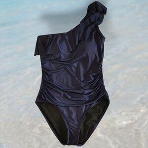 NWT Hilor One Shoulder Ruffled One Piece Navy Swimsuit - Sz 10